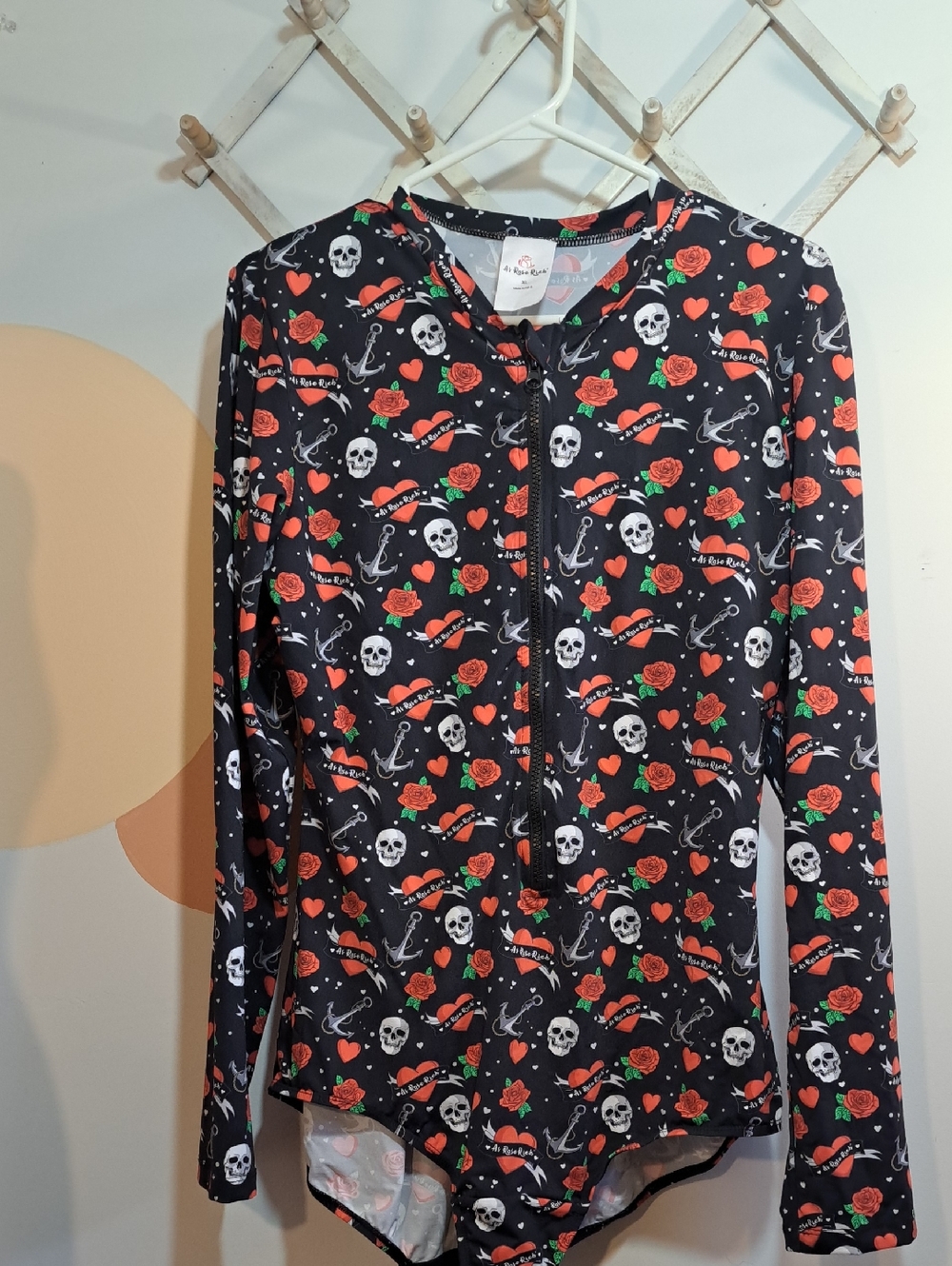 Skull & Rose Long Sleeve One-Piece Swimsuit - Black with Red & Green